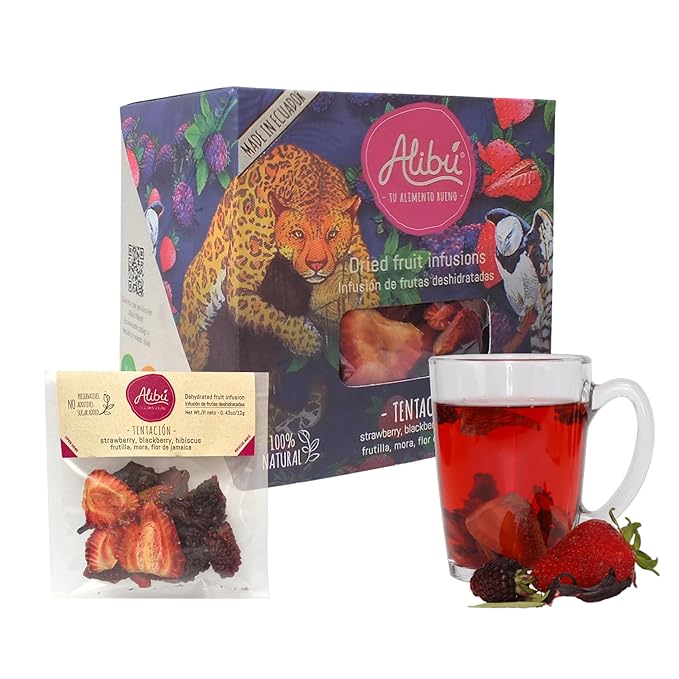 Alibú Dried Fruit Tea Infusions - Tentacion - Blackberry, Strawberry, Hibiscus – Certified Vegan, 100% Natural, Hot or Iced, Caffeine Free, Eat and Drink - Box of 2.12 oz