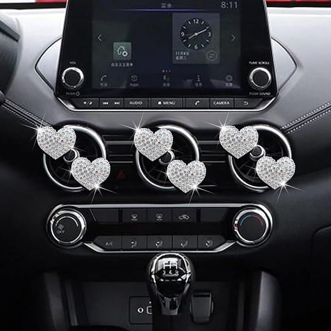 6 Pcs Heart-Shaped Crystal Diamond Air Vent Clip, Heart-Shaped Bling Charms Crystal Car Freshening Diffuser, Car Bling Interior Decorative Accessories for Women (White)