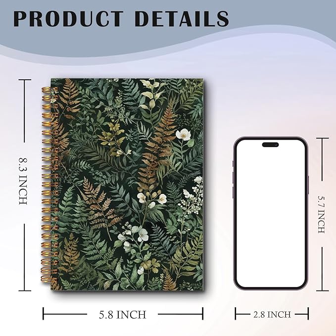 Dark Green Plants Spiral Notebooks, Botanical Journal, Fern Leaf Floral Journals for Writing, Rustic Cottagecore Flower Botanical Notebook for Note Taking, 5.5x8.3 Inch