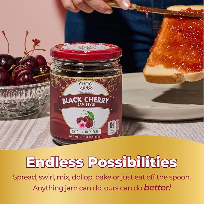 ChocZero Keto Black Cherry Jam - No Sugar Added, Low Carb, Keto Friendly, High in Fiber, Gluten Free, Naturally Sweetened with Monk Fruit (1 jar, 12 oz)