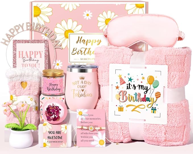 Birthday Gifts for Women, 12pcs Happy Birthday Gift Basket for Women Unique Gifts Set Ideas Relaxing Birthday Box w/ Blanket for Her Mom Best Friends Female Sister Her Friendship(pink)
