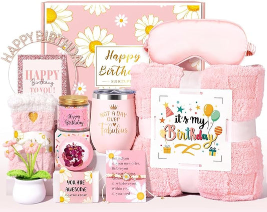 Birthday Gifts for Women, 12pcs Happy Birthday Gift Basket for Women Unique Gifts Set Ideas Relaxing Birthday Box w/ Blanket for Her Mom Best Friends Female Sister Her Friendship(pink)