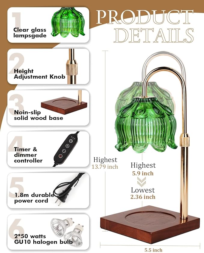 Candle Warmer Lamp with Timer Dimmable, Height Adjustable Birthday Gifts for Women Mom House Warming, Home Decor, Lotus Flower Candle Lamp Warmer 2 Bulbs Inc (Green)