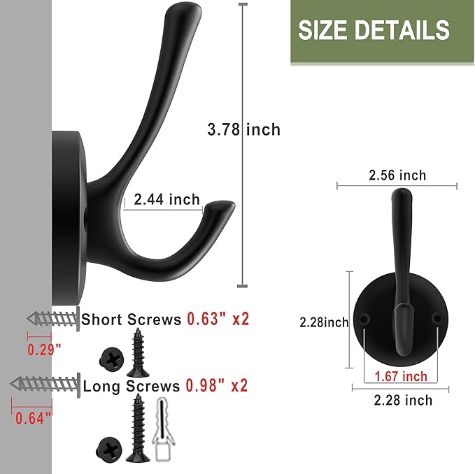 Black Wall Hooks, 6 Pack Coat Towel Hook Heavy Duty Metal Double Bath Robe Hook Wall Mounted, Hat Hooks for Cubicle Bathroom Kitchen Closet Garage