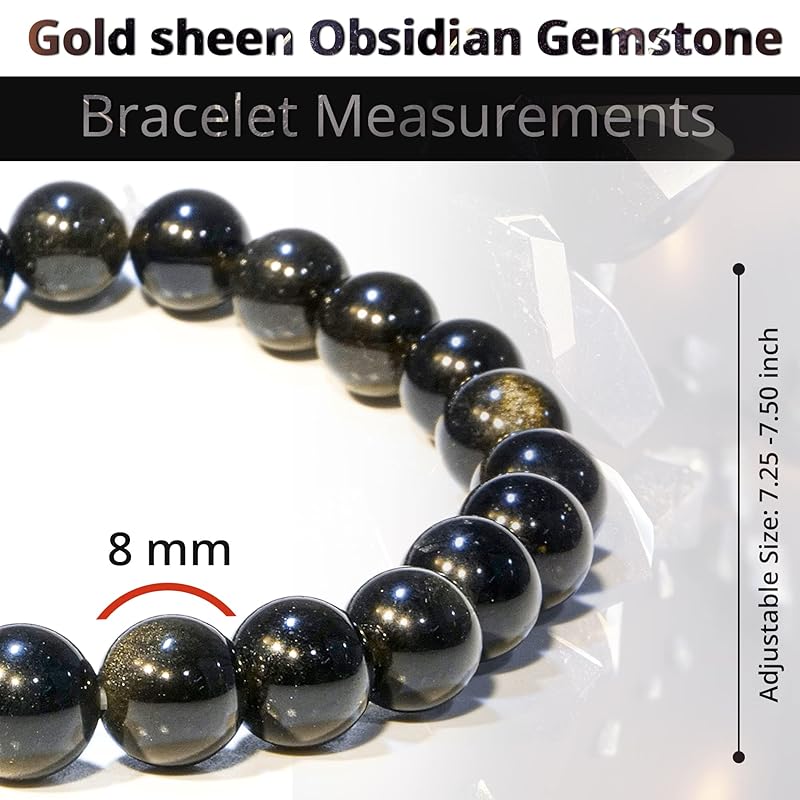 Gold Sheen Obsidian Bracelet – Natural Healing Crystal Bracelet for Women and Men – 8 MM Beaded Bracelet for Spiritual Healing, Positive Energy – Unisex Elastic Adjustable Size Gemstone Bracelet