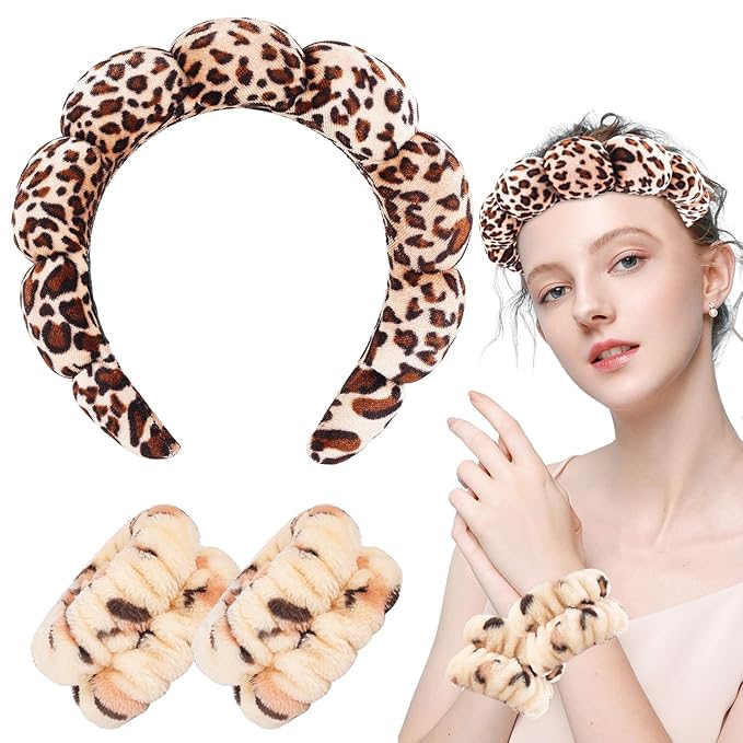Zkptops Spa Headband for Washing Face Wristband Set Sponge Makeup Skincare Velvet Fabric Bubble Soft Get Ready Hairband for Women Girl Puffy Padded Headwear Non Slip Thick Hair Accessory(Leopard 1)