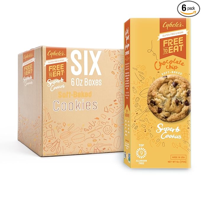 Cybele’s Free To Eat Gluten-Free & Vegan Cookies - Plant-Based, Dairy, Soy, & Nut Free - Soft-Baked School Safe Snack For Kids & Adults - 12 Cookies Per 6 oz Box (Chocolate Chip, Pack of 6)
