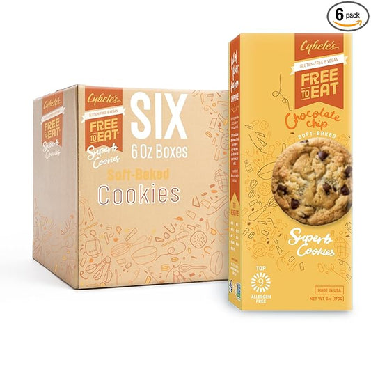 Cybele’s Free To Eat Gluten-Free & Vegan Cookies - Plant-Based, Dairy, Soy, & Nut Free - Soft-Baked School Safe Snack For Kids & Adults - 12 Cookies Per 6 oz Box (Chocolate Chip, Pack of 6)