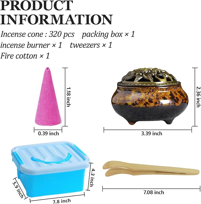 Incense Cones， 8 Mixed (320 Cones Total) Cone Incense Scents, and A Ceramic Incense Burner. Natural Scent Cone， for Meditation, Yoga, Purification, and Aromatherapy.