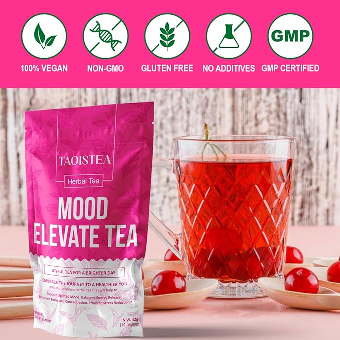 Mood Elevate Tea, Energizing Herbal Tea Blend with Ginseng, Green Tea, Ginkgo, Hibiscus, Uplifting Mood Booster and Healthier Coffee Alternative - 14 Bags