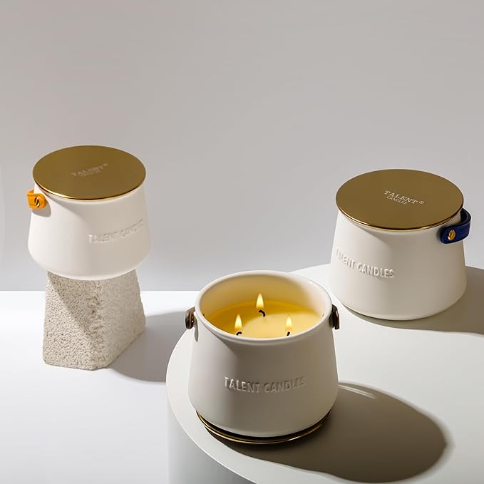 Candles for Home Scented - Scandinavian Style 3 Wick Candle - Long-Lasting Ceramic Candle Jar - Soy Candles Non Toxic with Minimalist Design - Teak Mahogany