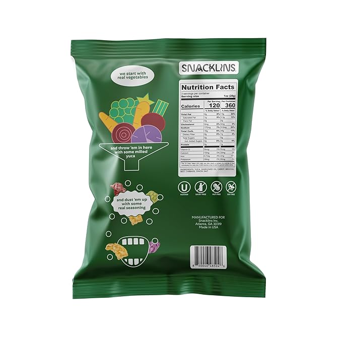 SNACKLINS Plant Based Crisps - Garden Variety - Vegan Healthy Snacks - Gluten Free, Grain Free, Plant Based Crisps, 100% Kosher For Passover, Low Calorie - No Added Sugar, Crunchy, Puffed Snack - 3oz Bag (Case Of 6)