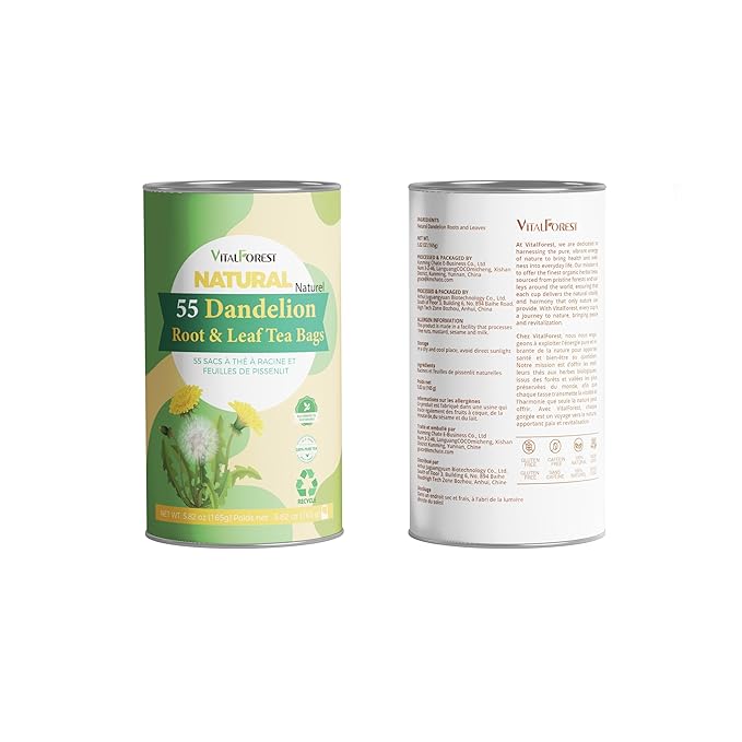 55 Dandelion Tea Bags, 3g/Bags 5.82oz, VitalForest Natural Dandelion Leaf and Root Tea, Dried Dandelion Root Tea Leaves, Caffeine Free, Health Herb Diente De Leon, Eco-Conscious Corn Fiber Tea Bags