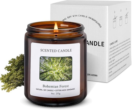 Bohemian Forest Scented Candles for Home Scented Aromatherapy Candles, Hand-Poured, 9 OZ, 50H Clean Burn,Soy Wax Candle Gift Set for Women Men