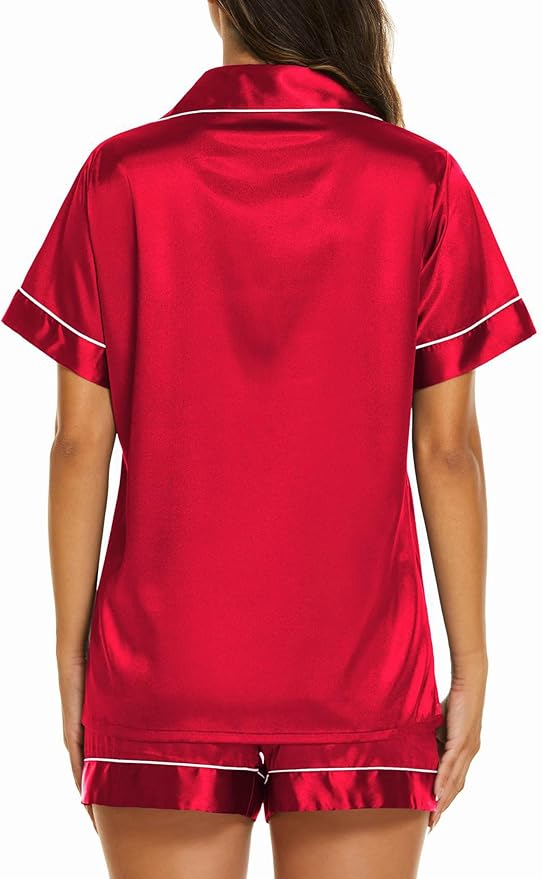 Ekouaer Silk Pajamas for Women Short Sleeve Sleepwear Soft Button Down Loungewear 2 Piece Satin Pjs Shorts Set S-XXL