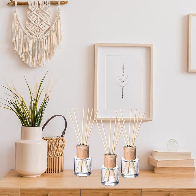 Roshtia 8 Set Reed Diffuser Bottle Empty Refillable Fragrance Glass Diffuser Bottles Set with Wooden Caps Rattan Sticks 50ml 1.7 oz Round Glass Jars for DIY Fragrance