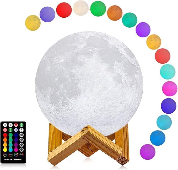 LOGROTATE Moon Lamp, 3D Printing 16 Colors LED Night Light, Moon Light with Stand and Time Setting & Remote & Touch Control, Lunar Lights for Birthday Kids Gifts Lovers Gifts (7 inch)