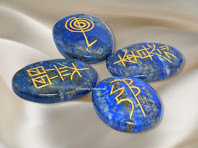 Amazing Gemstone Lapis Lazuli Crystal Reiki Stones with Engraved Symbols for Usui Reiki Healing, Set of 4 Pcs (Indian Handmade Reiki Gift Set)