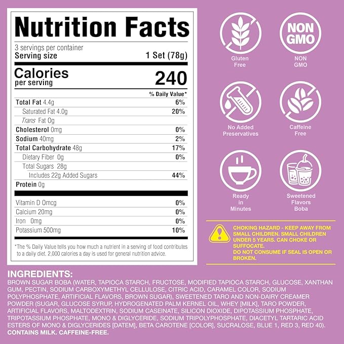 J WAY Instant Boba Bubble Pearl Taro Milk Tea Kit with Authentic Brown Sugar Tapioca Boba, Ready in Under One Minute, Paper Straws Included - 3 Servings