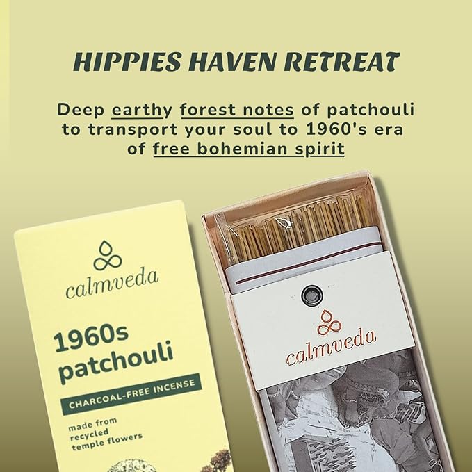 1960s Patchouli Incense Sticks Pack - (80 Sticks) Charcoal Free Incense, Made from Upcycled Flowers | Organic Incense Sticks Non Toxic | Relaxation Pachouli Incense for Calming
