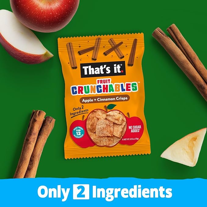 That’s it. Fruit Crunchables Apple + Cinnamon Crisps, 15-Pack – 100% Plant-Based Fruit Snacks for Kids, Non-GMO, Gluten-Free, No Added Sugar, Allergen-Free, Healthy Lunchbox Snack for Kids & Adults