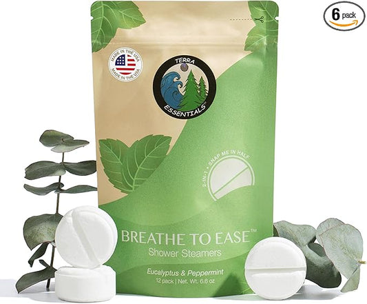 Breathe to Ease Shower Steamers by Terra Essentials – 12 Showers Aromatherapy Tablets with Eucalyptus & Mint, Natural, Made in USA, Stress Relief & Relaxation Gift