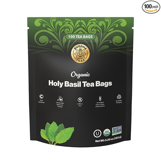 Buddha Teas - Organic Holy Basil Tea Bags - For Health & Wellbeing - Ayurvedic Tulsi - With Antioxidants - Clean Ingredients - Caffeine Free - OU Kosher & Non-GMO - 100 Non-String Tea Bags (Pack of 1)