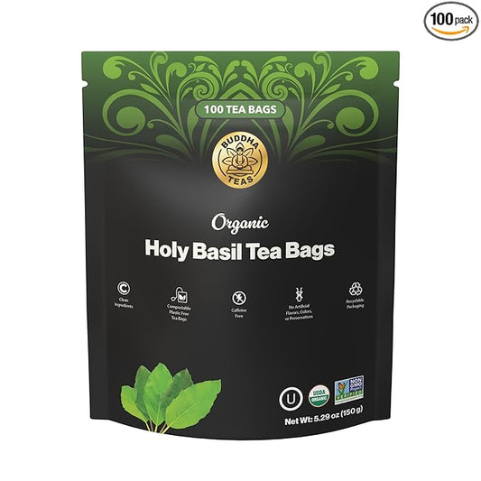 Buddha Teas - Organic Holy Basil Tea Bags - For Health & Wellbeing - Ayurvedic Tulsi - With Antioxidants - Clean Ingredients - Caffeine Free - OU Kosher & Non-GMO - 100 Non-String Tea Bags (Pack of 1)