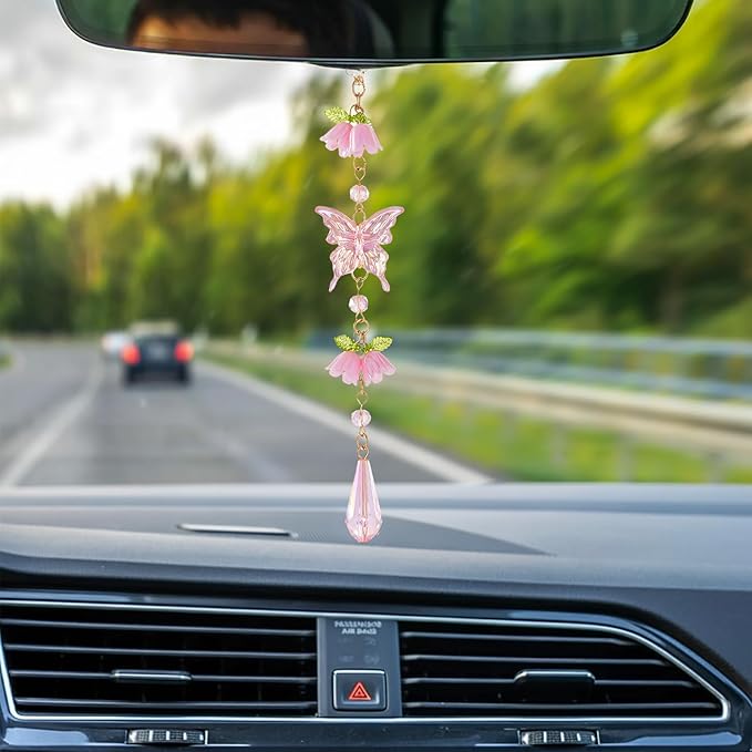 Butterfly Crystal Car Rearview Mirror Charm - Pink Lily of The Valley Flower Beaded Pendant, Elegant Hanging Cars Interior Decor Ornament & Accessories, for Women