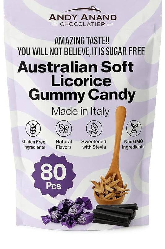 Andy Anand Sugar Free Soft Australian Licorice Gummy, Vegan & Halal, Sweetened with Natural Stevia, Delicious Gluten Free, Perfect for Diabetics, Made in Italy Individually Wrapped - (80 Pcs 7 Oz