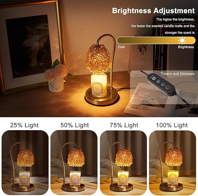 Candle Warmer Lamp with Timer Adjustable - Height Candle Warmer, Dimmer, Crystals Lampshade, Wax Melting Lamps for Home Decor, for Candles in Jars with 2 Bulbs