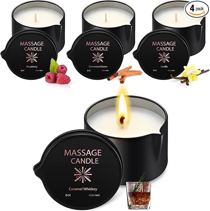 Nuanchu 4 Pcs Massage Oil Candle, 6 oz Ignite Low Temp Scented Body Oil Candles for Massage Therapy Soy Based Christmas Home Gift Spa Use 4 Scent