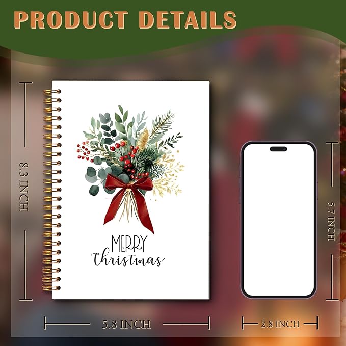 Exqcom Christmas Eucalyptus Holly Spiral Notebook Gifts, Coquette Red Bow Berries Botanical Plant Journal for Women, Merry Christmas Hardcover Notebook Journal Office School Supplies, 5.5x8.3 Inch