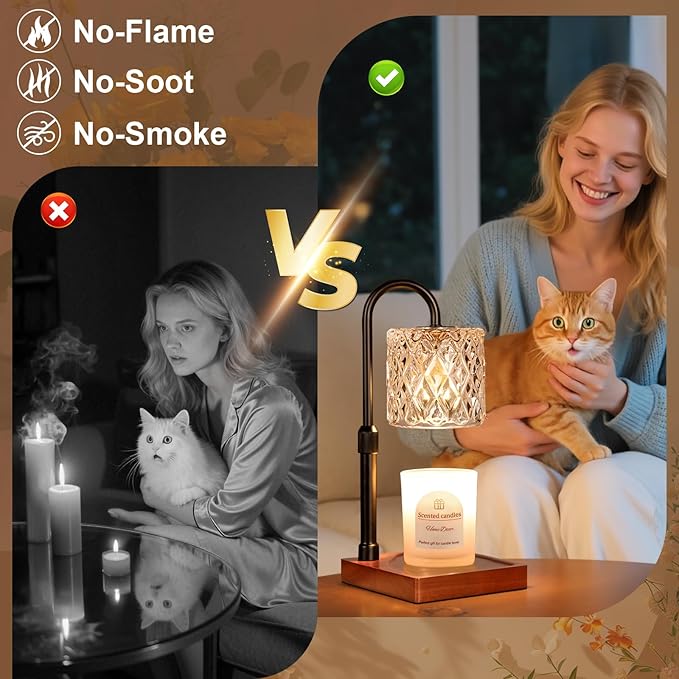 Candle Warmer Lamp with Timer -Dimmable Adjustable Height Wax Melt Warmer for Jar Candles,Vintage Home Decor with Elegant Amber Glass,Birthday Gifts for Women, Mom, Friend