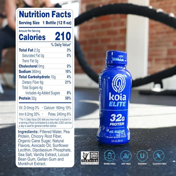 Koia Elite Plant Based Protein Shake, Vanilla, 32g Protein, 4g Sugar, 6g Prebiotic Fiber, Pre & Post Workout Nutritional Drink, No Seed Oils, Dairy-Free, Gluten-Free, Non-GMO, 12 Fl Oz (Pack of 12)
