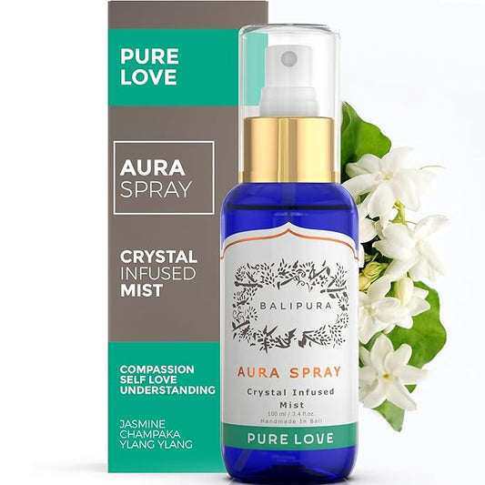 BALIPURA Pure Love Aura Spray - Organic Jasmine & Ylang Ylang Essential Oils - Attraction Mist with Quartz Crystals - Aromatherapy Room Spray for Abundance, Cleanse, and Self-Love