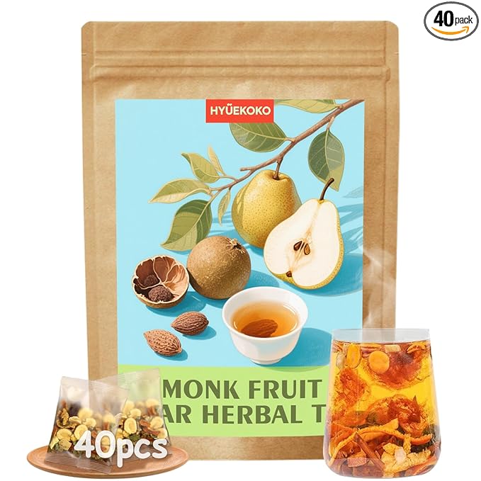 40 Bags Monk Fruit Pear Tea, Caffeine-Free Natural Ingredients Herbal Tea Bags, Supports Lung Cleanse, No Additives, Daily Enjoyment Tea for Women