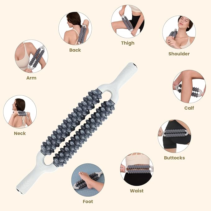 Double Row Muscle Roller Stick for Muscles Deep Tissue，with One-Piece Roller & Bionic Massage Contacts,High Efficiency Relieves Soreness & Tension，Unique Gifts for Runner Athelets Gym Yoga.