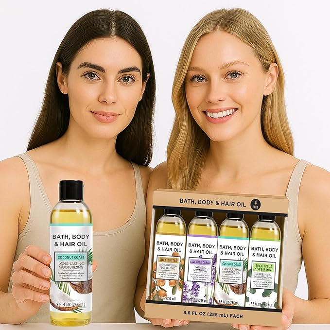 Bath Oil Body Oil with Shea Butter, Lavender, Eucalyptus Mint, Coconut Scent Bath Oils, Mother's Day Gifts for Women, 25.8 fl oz (Pack of 4)
