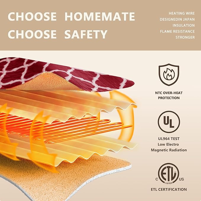 Homemate Heated Blanket Electric Throw - 50“x60“ Heating Blanket with 10 Fast Heat Levels 8 Hours Auto Off Soft Cozy Flannel Over-Heated Protection ETL Certification Keep Warming in Home