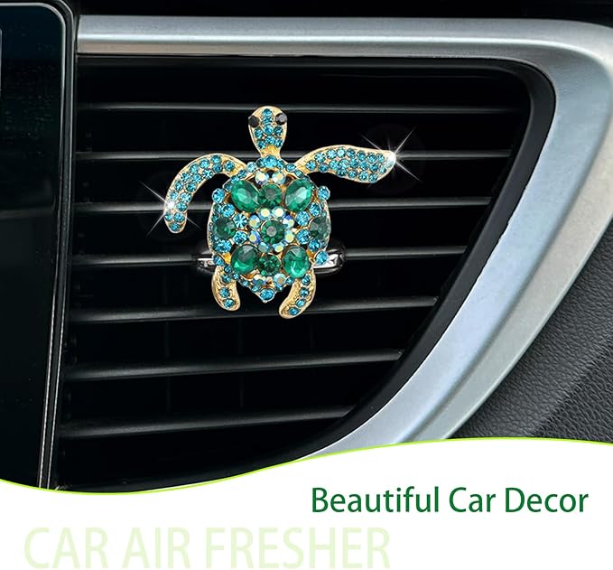Sea Turtle Car Accessories,1pc Bling Turtle Air Vent Clip Car Air Freshener,Ocean Beach Theme Car Decor, Refillable Outlet Diffuser,Green Blue Rhinestone Accessories for Women