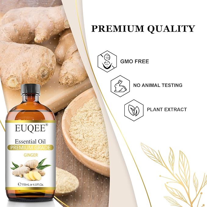 EUQEE Ginger Essential Oil 118mL Pure Ginger Oil, Large Bottle Premium Essential Oil with Glass Dropper for Diffuser, Candle Making, DIY Soap - 4fl. oz