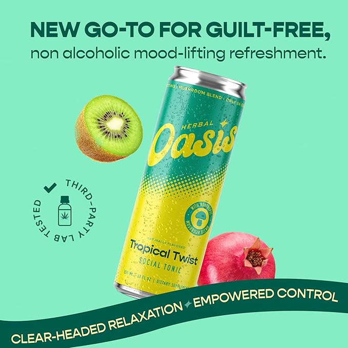 Herbal Oasis Tropical Twist 4-Pack - Mood-Boosting Mushroom Social Tonic, with Lion’s Mane, L-Theanine & Vitamin B12 - Low Calorie Vegan Drink, Non-Alcoholic for Mindfulness & Balance, 12 fl oz