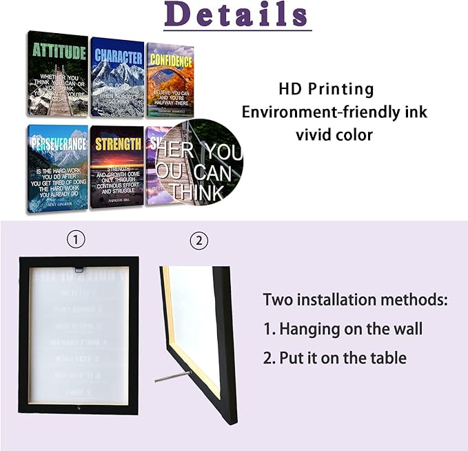 Inspirational Quotes Motto Wall Art，Motivational Office Wall Art Decoration Painting, Suitable for Library, School, Gym,Office， Living Room,Home Deco,Tabletop/Hanging,| 6-pack(29 x 38 cm) framed C