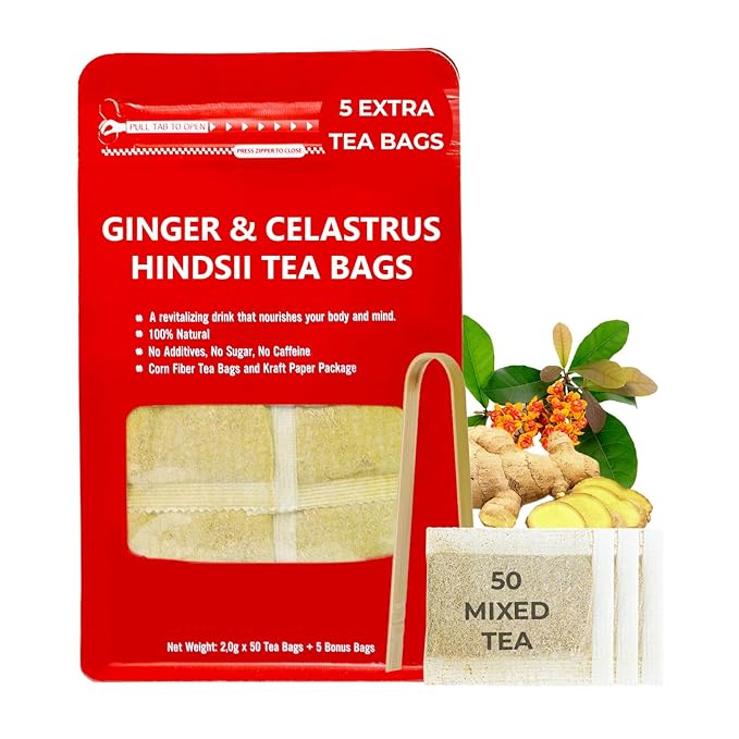 Pure Ginger Tea Bags with Celastrus Hindsii - 55 Count (+5 Tea Bags) - 5.15 oz, Re-Steep Herbal Tea Blend, Corn Based Bags, Bamboo Tong Include, No Sugar Added, Natural Ginger Tea