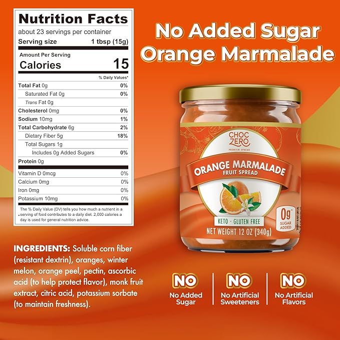 ChocZero Sugar Free Orange Marmalade - Sweet Keto Jam Spread with Oranges - No Added Sugars (1 Jar, 12oz)