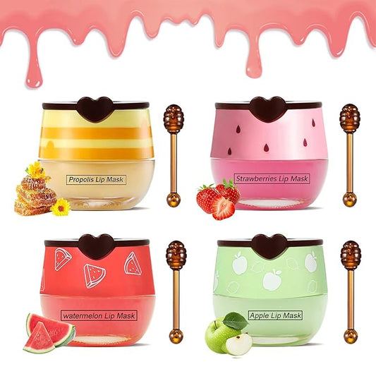 4PCS Bee Lip Balm Honey Pot，Honey&Strawberry&Watermelon&Apple Lime Lip Mask Overnight Propolis Moisturizing Lip Balm Hydrating Prevention Dry and Crack Lip Scrubs Exfoliator Lip Wrinkle Care