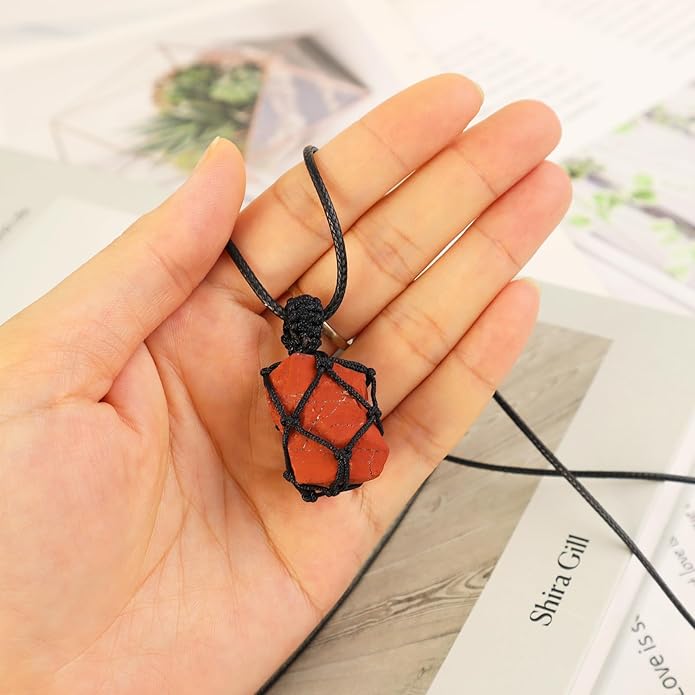 Handmade Natural Gemstone Crystal Pendant Necklace Stone Holder Necklace Cord Net Necklace with Adjustable Length for Women Men