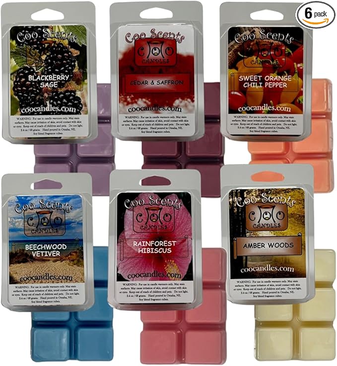 6 Pack Assorted Variety Mix Pack of Soy Wickless Candle Scented Wax Melts - 36 Cubes - 15 Ounces - Sweet and Earthy - Made in USA