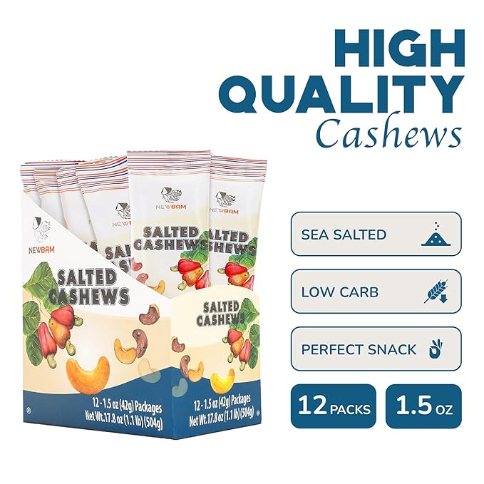 NEWBAM Lightly Salted Cashews Individual Packs - 12 Cashew Snack Packs Roasted Nuts (1.5oz Each) – Keto, Vegan, Gluten-Free - Healthy Snacks for Trail Mix, Office, or Party - Zero Sugar